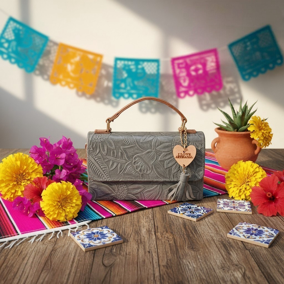 Handmade Handbags - Light Blue Gray Sunflower Embossed Tooled Artisan LEATHER Crossbody Bag Purse